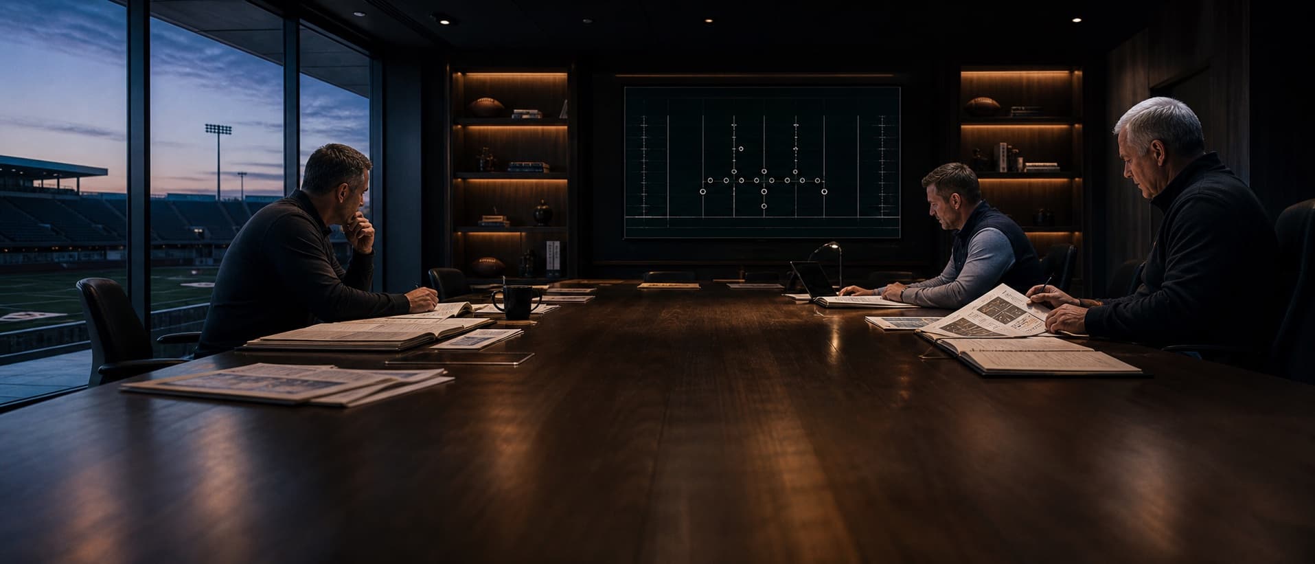 Football operations staff completing a strategic review before dawn