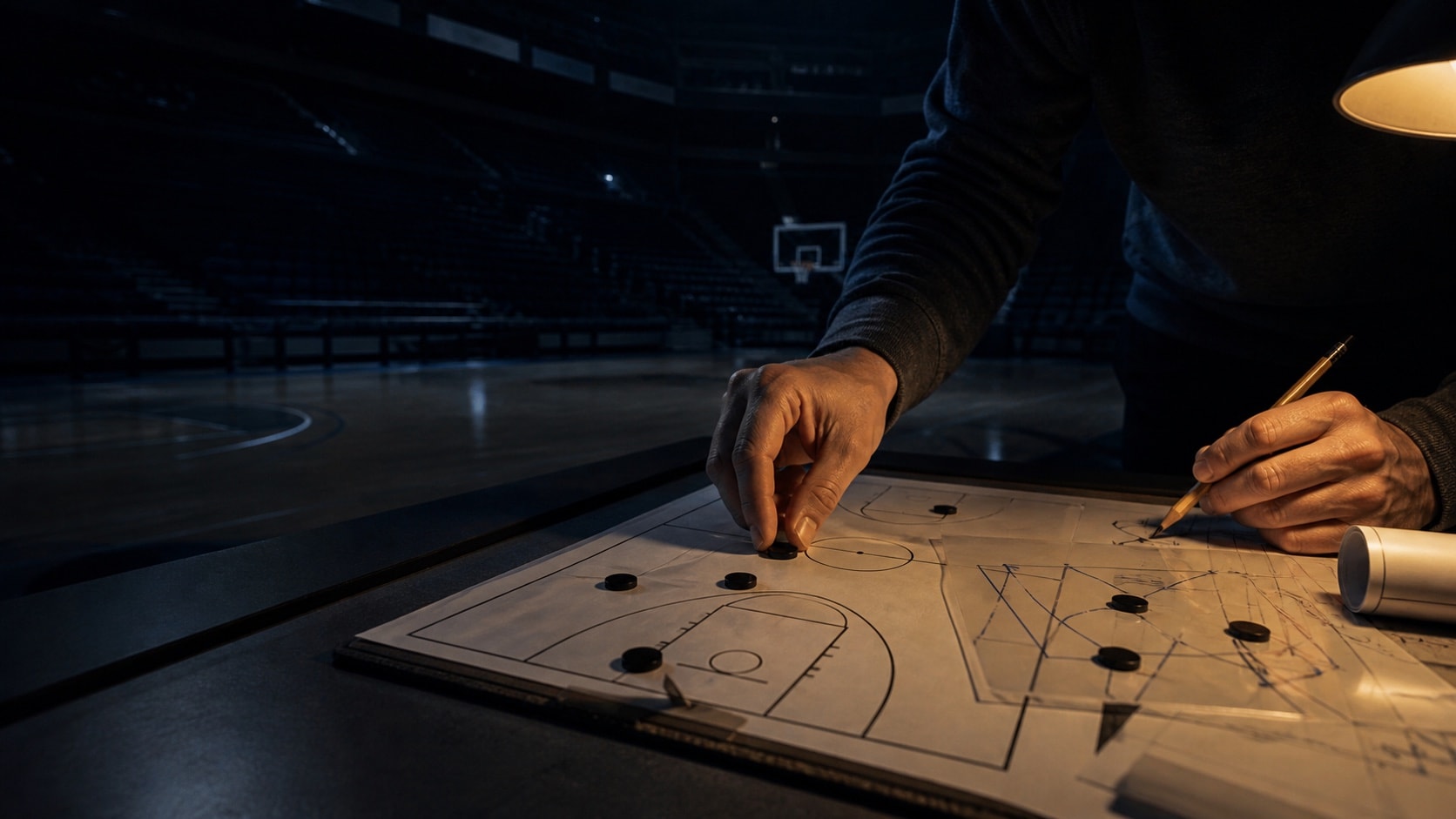 A basketball strategist placing markers on a court plan in an empty arena