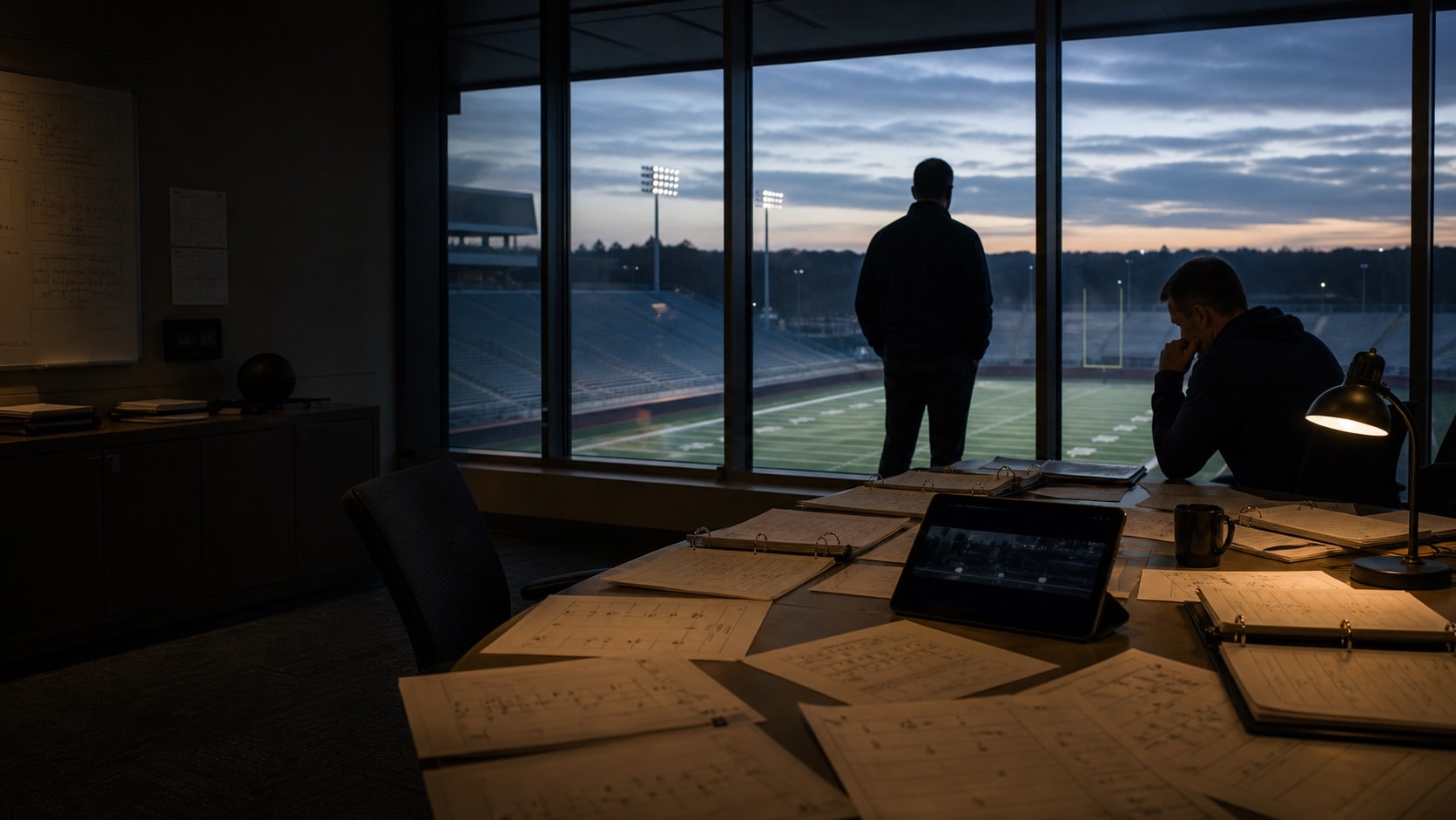 Football operations staff reviewing plans above an empty stadium at dawn