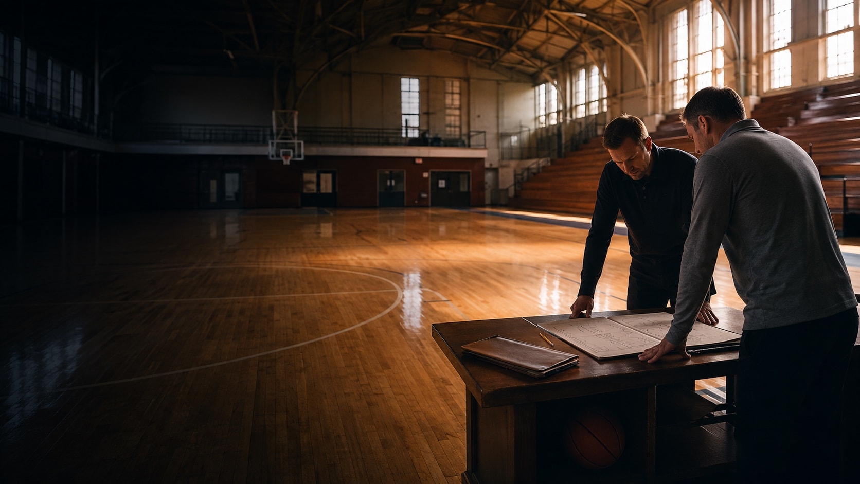 Coaching preparation beside a sunlit hardwood basketball court in a collegiate fieldhouse