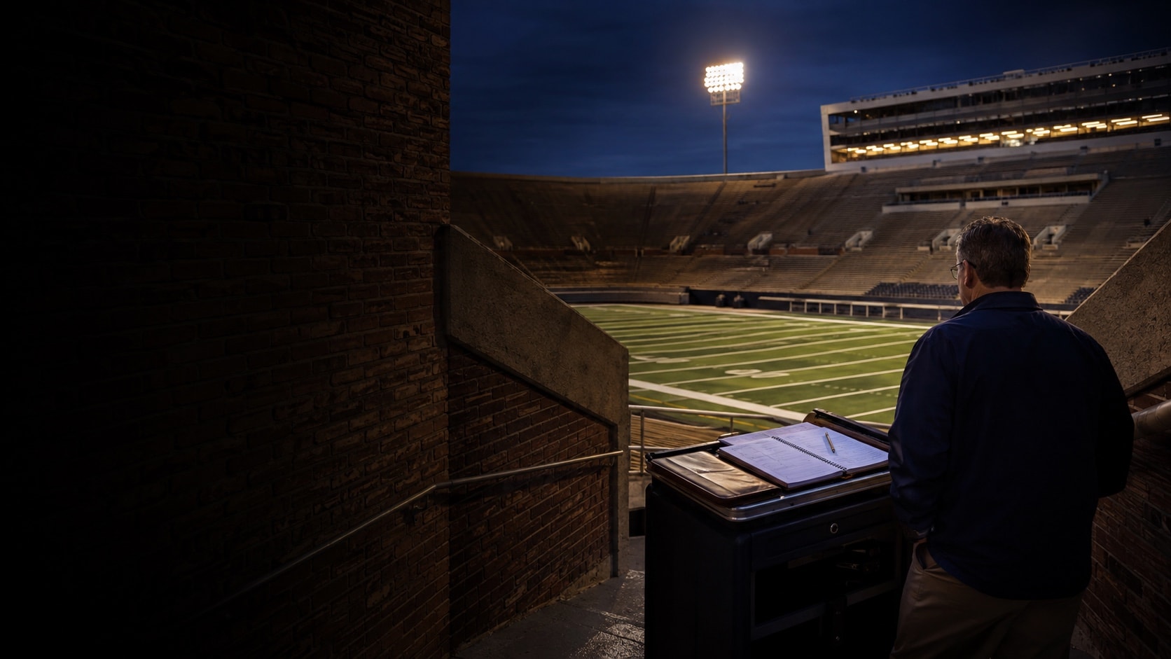 A coaching playbook beside a brick stadium tunnel overlooking the football field at blue hour