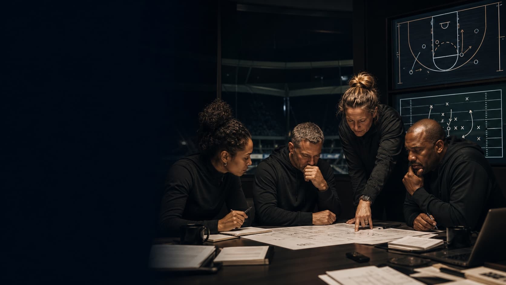 Football and basketball strategy leaders building a cross-sport plan in a dark decision room